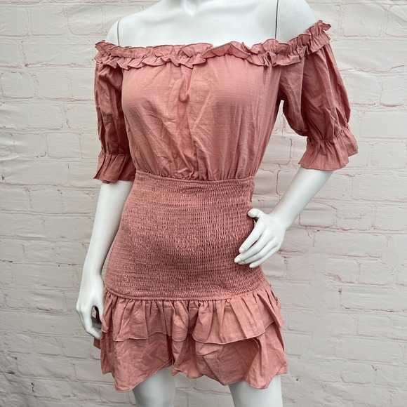 Simplee Women's shirred stretchy body, Bell sleeve Dusty Pink dress Size M - Picture 4 of 14